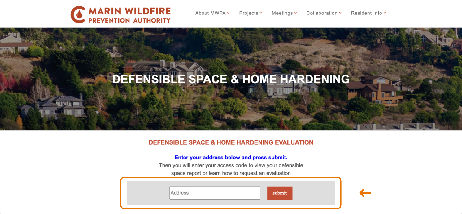 The Marin Wildfire website, with a highlight around the field where you enter the address for which you had the assessment.