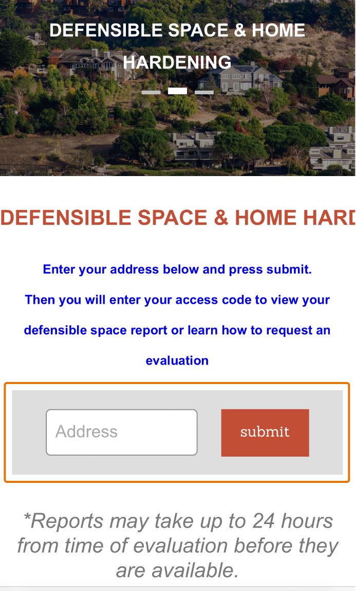 The Marin Wildfire website, with a highlight around the field where you enter the address for which you had the assessment.