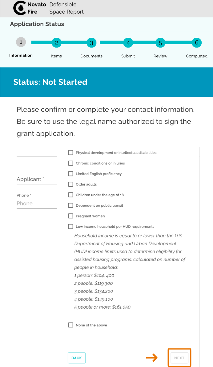 Step 1 of the Grant Application form, showing contact and basic demographic fields. The "Next" button is highlighted, and is currently disabled because not all the fields are completed.