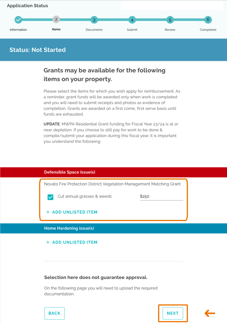 Step 2 of the Grant Application form, showing items that qualify for a grant; in this case "Cut annual grasses and weeds" with an amount of $250 is chosen. The "Next" button is highlighted.