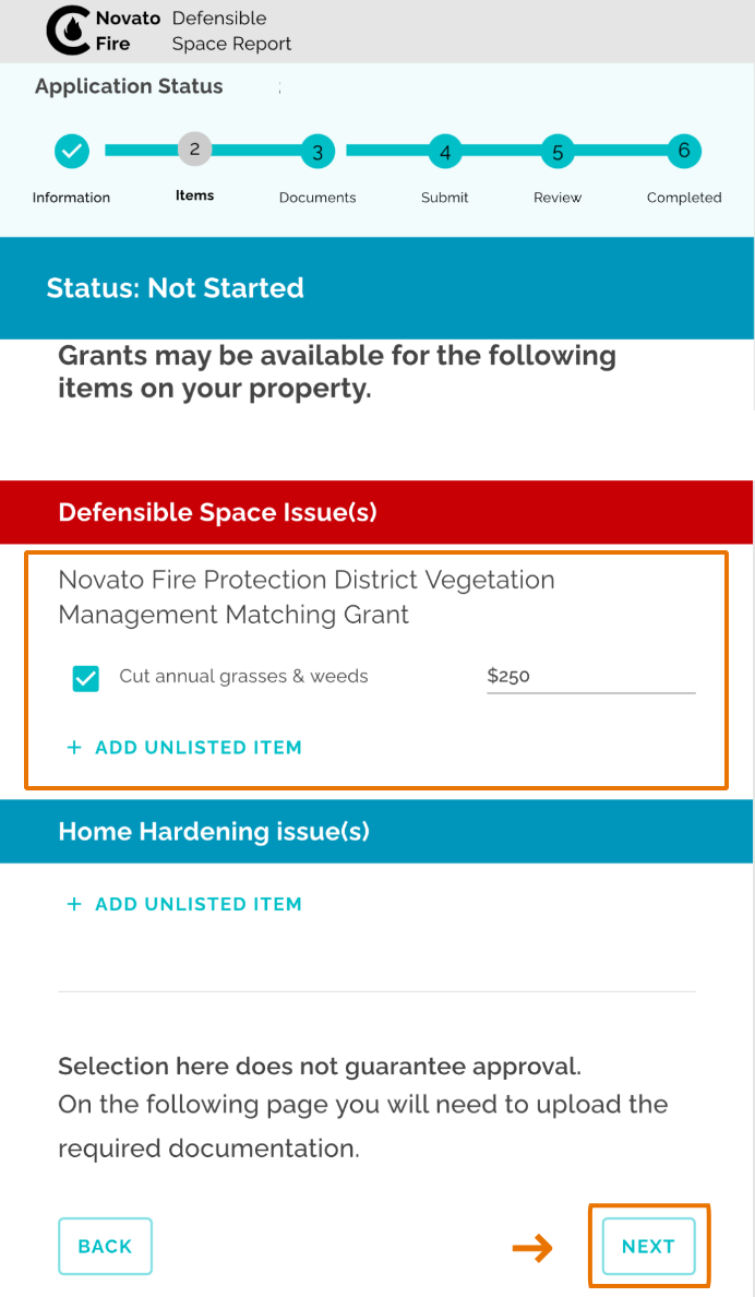 Step 2 of the Grant Application form, showing items that qualify for a grant; in this case "Cut annual grasses and weeds" with an amount of $250 is chosen. The "Next" button is highlighted.