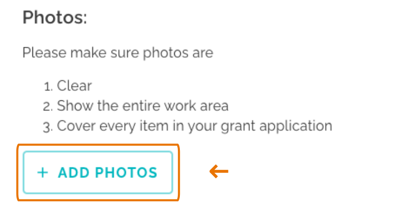 Closeup and highlight of the "Add Photos" button for a grant application.