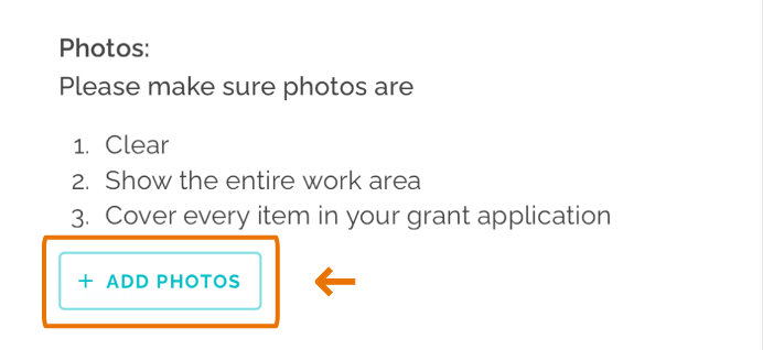 Closeup and highlight of the "Add Photos" button for a grant application.