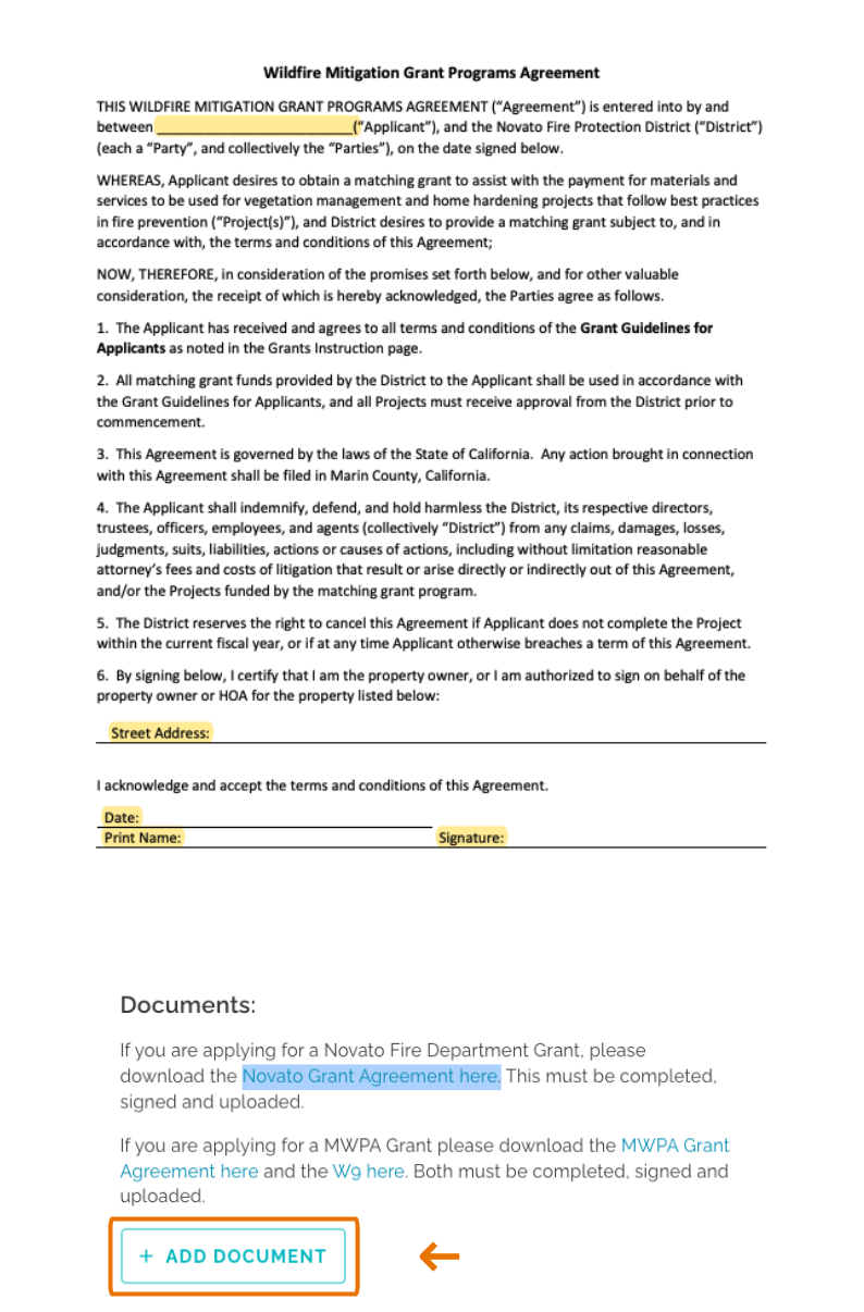 Example of a blank "Novato Grant Agreement" form. Below that, the button to "Add Document" is highlighted.
