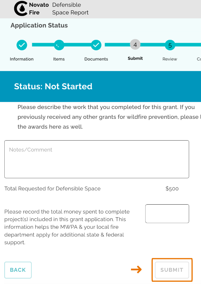 Step 4 of the Grant Application process, showing the notes/comments field where applicants describe the work completed. The submit button is highlighted, but disabled because the fields haven't been filled out.