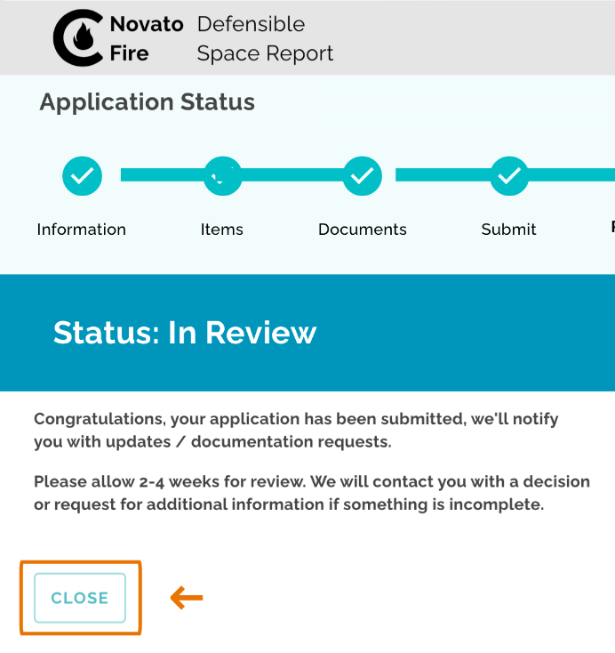 Step 5 of the Grant Application process, showing a notification that the application has been submitted. A button labelled "Close" is highlighted.