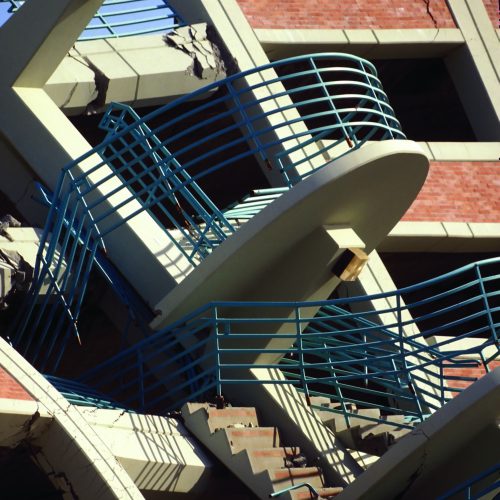 The collapsed ruins of a parking garage in Northridge, California, following an earthquake in 1994.